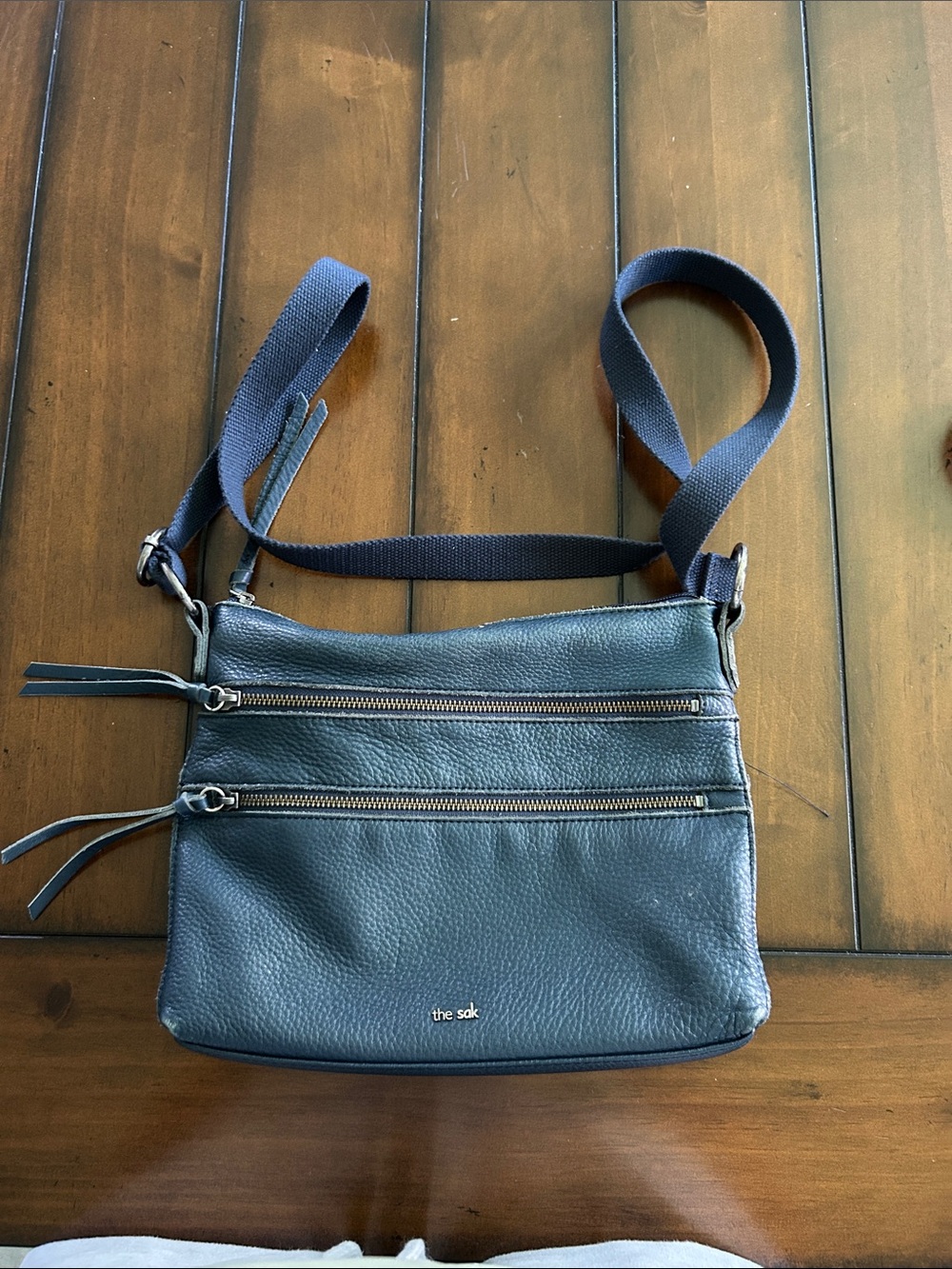 The Sak Navy Pebbled Leather Crossbody with Dual Zip Pockets